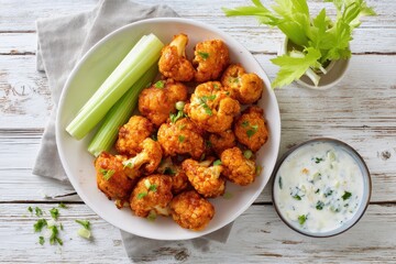 Delicious healthy plant based honey garlic cauliflower wings served with celery sticks and dipping sauce