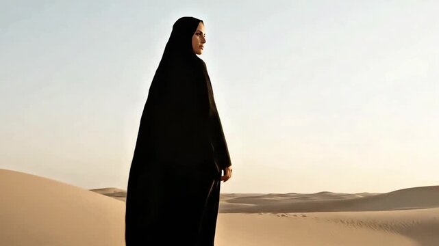 A woman wearing a traditional Islamic abaya stands in profile, looking out at a desert landscape with sand dunes and a clear sky at sunset.