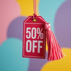 Red sale tag with 50 off text hanging with tassel on colorful background discount