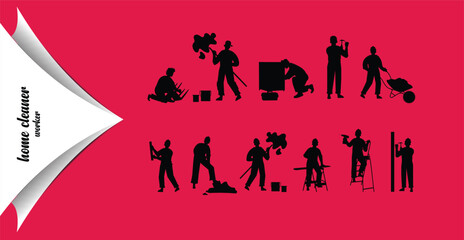 Silhouettes of Home Improvement and Cleaning Workers
