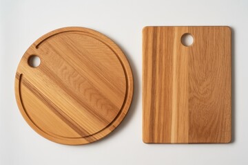 Two wooden cutting boards with holes on a white background round cutting board light brown wood