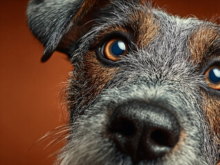 a dog with a black and white coat, capturing the detailed texture of its fur and the dog's expressive eyes. The background is a smooth, brown surface that contrasts with the dog's fur.