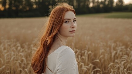 Young Woman with Long Red Hair Standing in a Wheat Field at Sunset.