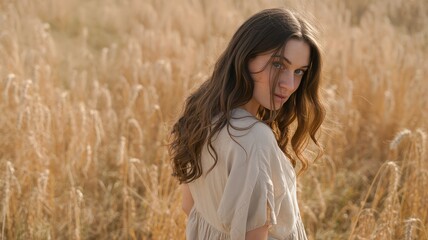 Young Woman with Long Wavy Hair in a Golden Wheat Field.
