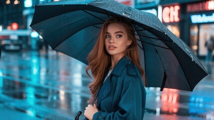 Young Woman with Red Hair Holding Umbrella in Rainy City Night.