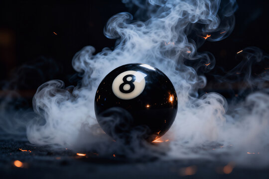 8 Ball Emerging from Smoke on Dark Background