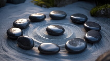 Zen Garden Stones Arranged in Circle on Rippling Water Surface.