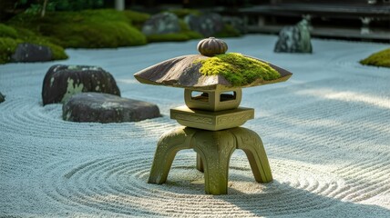Zen Garden Stone Lantern with Raked Sand and Moss.