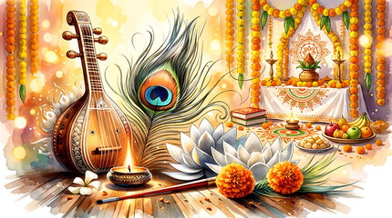 Traditional musical instrument veena with peacock feather lotus flowers and oil lamps for saraswati puja and vasant panchami celebration in a bright colorful artistic style