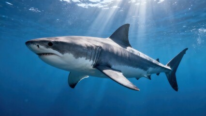 Fototapeta premium Powerful Great White Shark swimming underwater in the deep blue ocean illuminated by bright surface sunbeams.