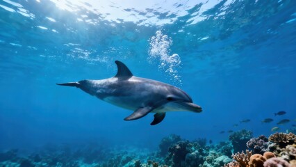 Obraz premium Grey dolphin exhaling a bubble stream while swimming upwards through deep blue tropical ocean water above a colorful coral reef.