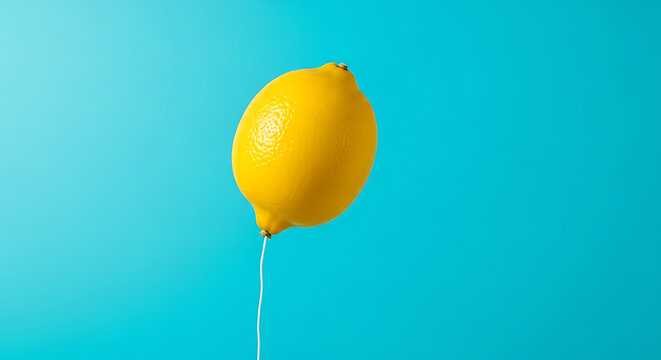 A vibrant yellow lemon, its skin glistening with moisture, stands out against a bright turquoise background, a thin stream of water trickling from its base, creating a refreshing and minimalist compos