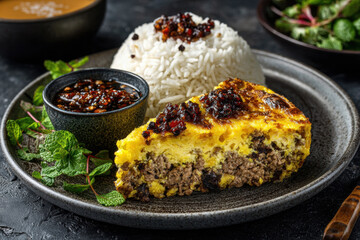 South African bobotie with rice and chutney, baked traditional meal