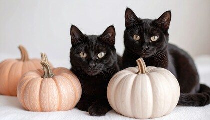 Two black cats posing with pumpkins for Halloween.