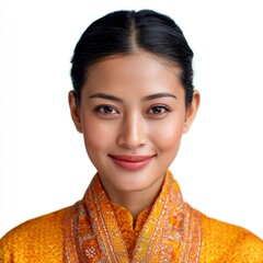 Close-Up Portrait of a Smiling Elegant Asian Woman in a Traditional Thai Dress, Showing Beauty and Culture with an Orange Patterned Silk Fabric.