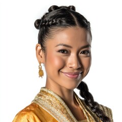 Portrait of Smiling Southeast Asian Woman with Braided Hairstyle, Golden Earrings, and Traditional Embroidered Gold Dress on White Backdrop.