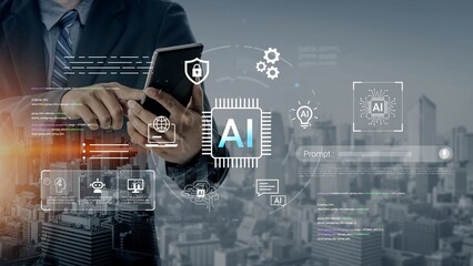 Businessman Using Tablet with AI Graphics Overlay in Modern Cityscape for Technology and Innovation Concepts Gluon.