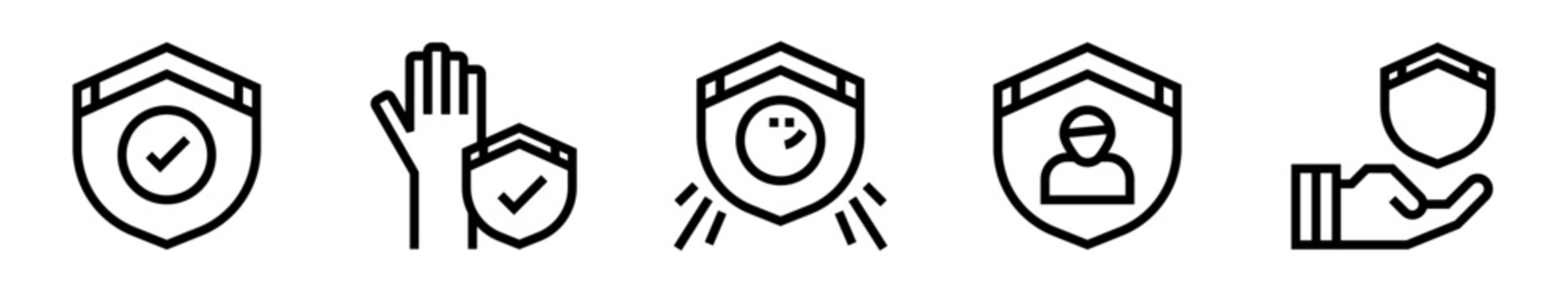 Pack de iconos de protecci&oacute;n y seguridad. Escudo aprobado, bloqueo preventivo, protecci&oacute;n positiva, usuario seguro y defensa activa. Dise&ntilde;o vectorial lineal