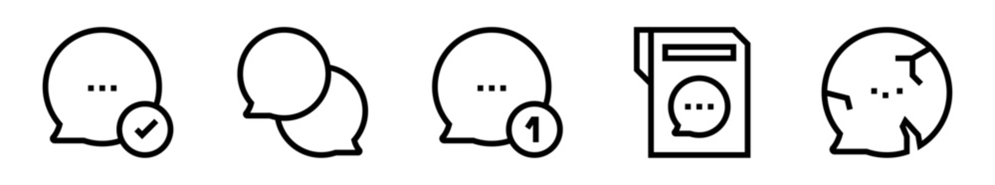 Pack de iconos de chat y mensajes. Conversaci&oacute;n aprobada, mensajes dobles, notificaci&oacute;n nueva, chat archivado y mensaje fallido. Dise&ntilde;o vectorial lineal