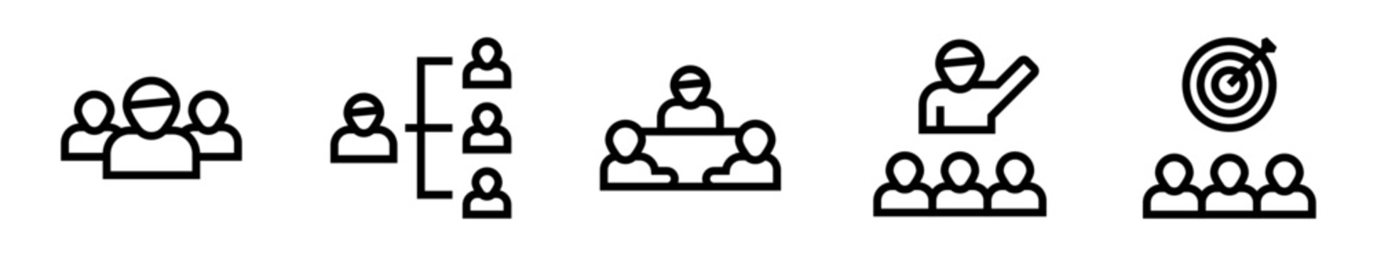Pack de iconos de equipo de trabajo. Grupo profesional, conexi&oacute;n colaborativa, reuni&oacute;n laboral, liderazgo y objetivos compartidos. Dise&ntilde;o vectorial lineal