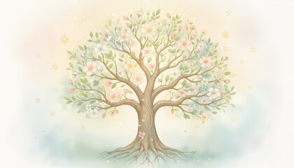 Obraz premium A soft watercolor illustration of a Tree of Life, decorated with delicate flowers and small stars in the background—symbolizing growth, peace, and divine connection. 