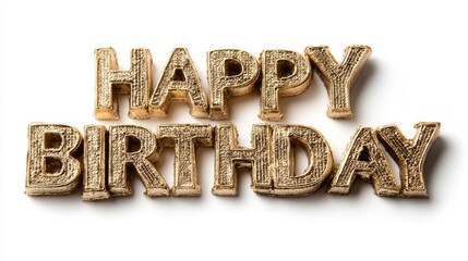 Golden "Happy Birthday" Letters on White Background for Celebrations, Parties, Greetings, and Decorative Elements, Close-up.