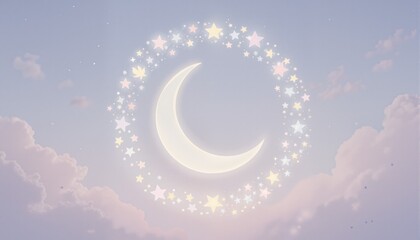 A delicate crescent moon encircled by a ring of stars in soft pastel tones, evoking a sense of serenity and divine light—ideal for peaceful and spiritual illustrations.
