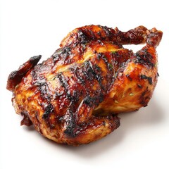  Close-Up View of a Delicious, Perfectly Cooked Golden-Brown Bird, Garnished with Herbs on a White Background, Meal Prep.