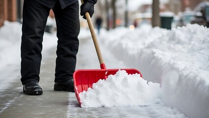 Person Shoveling Snow on a City Street with a Red Snow Shovel
