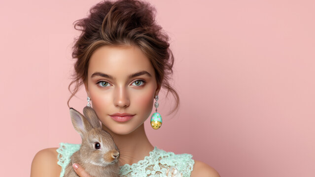 Junge Frau mit Hasen und Ostereiern vor pastellrosa Hintergrund in festlichem Styling