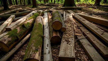 Weathered Logs and Lumber Pile in Sun-Dappled Forest Clearing. Generative AI. 