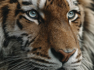 a tiger's face, showcasing its distinctive striped fur, piercing eyes, and sharp whiskers. The tiger's gaze is directed forward, giving a sense of intensity and focus.