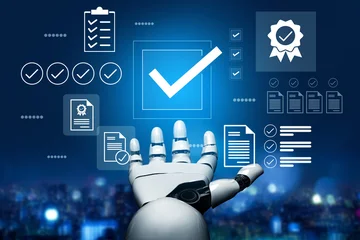 Fotobehang Ridders A robotic hand reaches out in a digital environment, surrounded by checkmarks and documents, symbolizing automation and advanced technology in a modern setting. Gantry  © InfiniteFlow