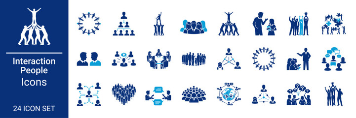 Human Interaction People Connection Icon Set Teamwork, Communication, Network Silhouettes