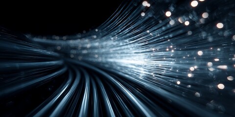 Fototapeta premium A clean, long exposure shot of the clean, fluid movement of light streams (abstract data flow) rushing through a dark server room/optical cable, bandwidth, speed, pure en