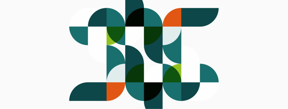 Abstract geometric design. Circles, semicircles, shapes interlock forming letter H. Teal, orange, black colors dominate composition. Minimalist style.