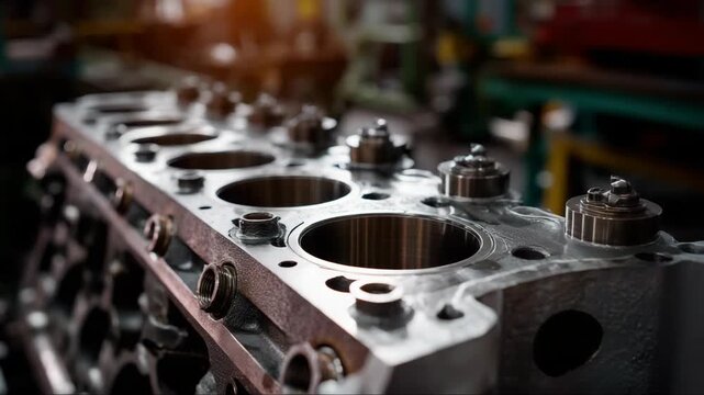 Close up engine block cylinder bores in workshop