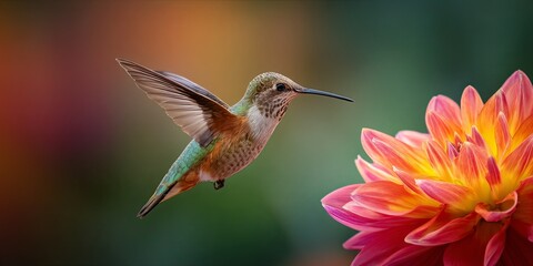 Fototapeta premium A clean, long exposure shot of the clean, fluid movement of a hummingbird hovering around a bright flower (smooth blur of the wings), speed, pure energy, cinematic light,