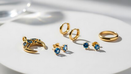 Gold jewelry with blue gemstones on a white surface