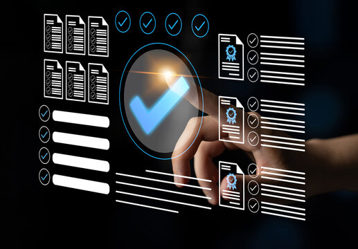 Conceptual illustration of digital document management with checklists and approval icons, representing efficiency and organization in business processes today. Gantry