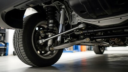 Closeup of Car Suspension System Underneath Vehicle in Garage