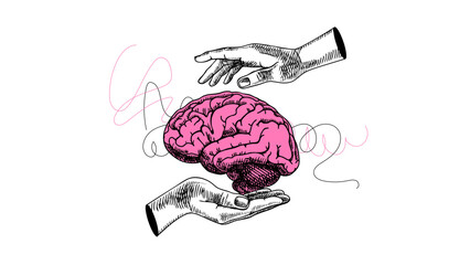 Sketch hands with brain. Human mind care, therapy, mental health, psychology, neuroscience, clinic, psychotherapy collage concept. Hand drawn isolated vector illustration.