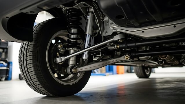 Closeup of Car Suspension System Underneath Vehicle in Garage