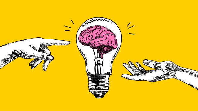 Trendy halftone collage of sketch hands with glowing bulb and brain. Idea concept. Startup, creativity, education, e-learning, innovation, coworking design. Hand drawn retro vector illustration.