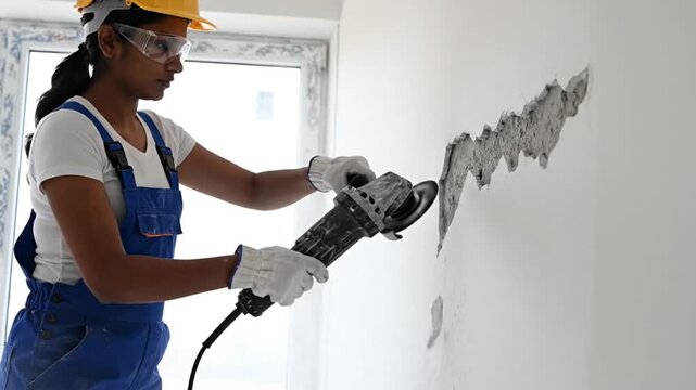 A woman in a hard hat and safety gear using a power tool to remove plaster from a wall in a construction site video Medical and Healthcare Footage