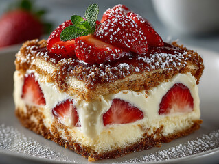 a slice of layered dessert topped with fresh strawberries, cream, and a drizzle of honey, all garnished with mint leaves and dusted with powdered sugar.