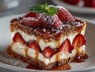 a slice of layered dessert topped with fresh strawberries, cream, and a drizzle of honey, all garnished with mint leaves and dusted with powdered sugar.