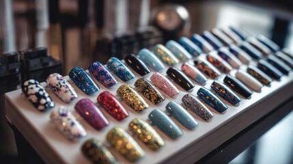 Assorted nail art samples arranged on a display stand, creative designs, modern beauty salon style