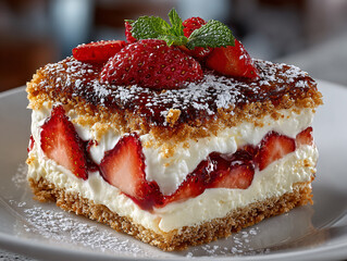 a slice of layered dessert topped with fresh strawberries, cream, and a drizzle of honey, all garnished with mint leaves and dusted with powdered sugar.