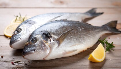 Two Fresh Gilthead Bream Fish with Lemon and Herbs.